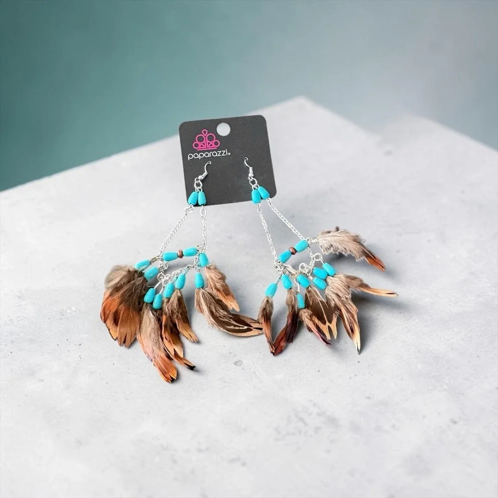 Paparazzi Turquoise Bead and Brown Feather Boho Chandelier Drop Earrings